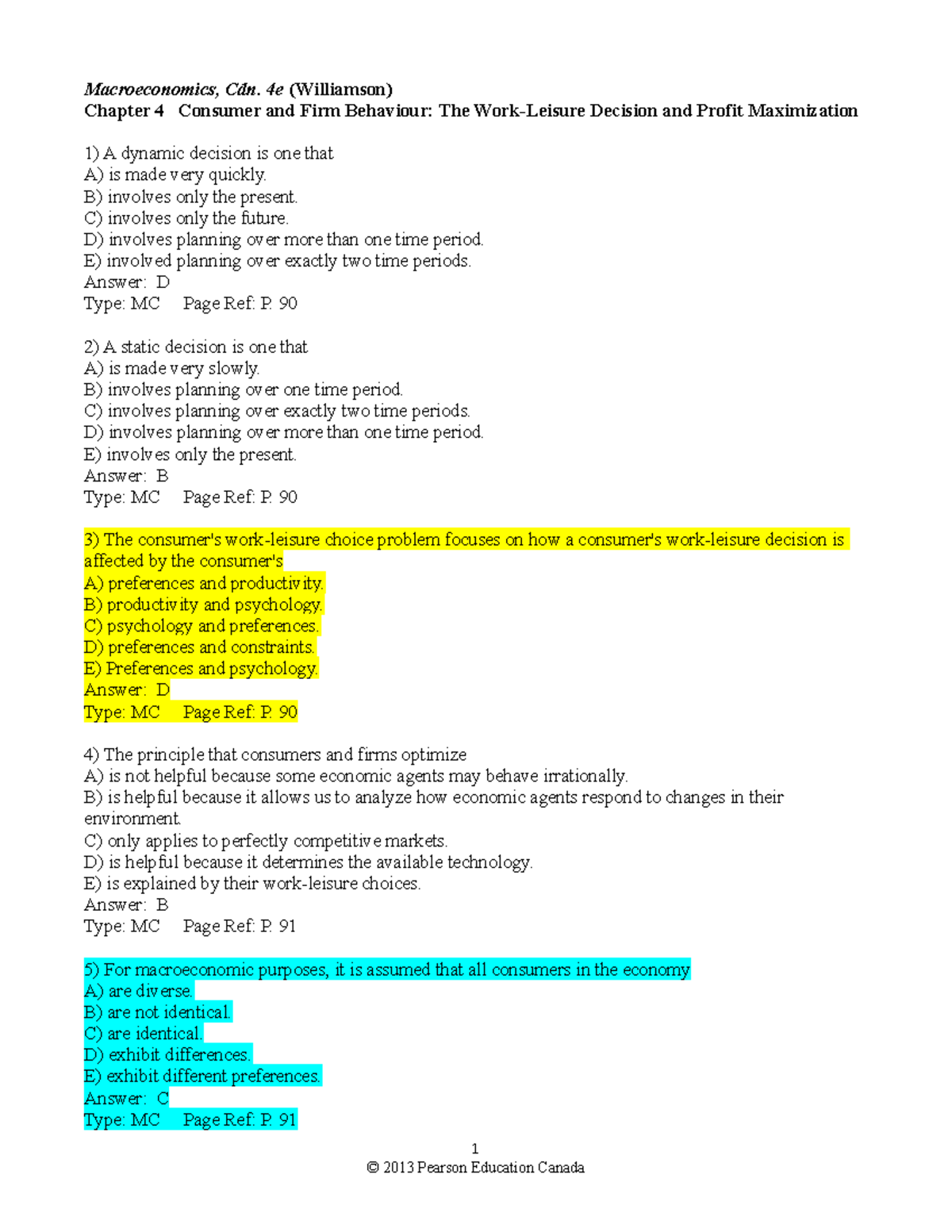 Test Bank for Macroeconomics Cdn. 4e (Williamson) - Chapter 4 MCQs ...