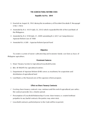 RA 3844: Agricultural Land Reform Code Overview and Key Provisions ...