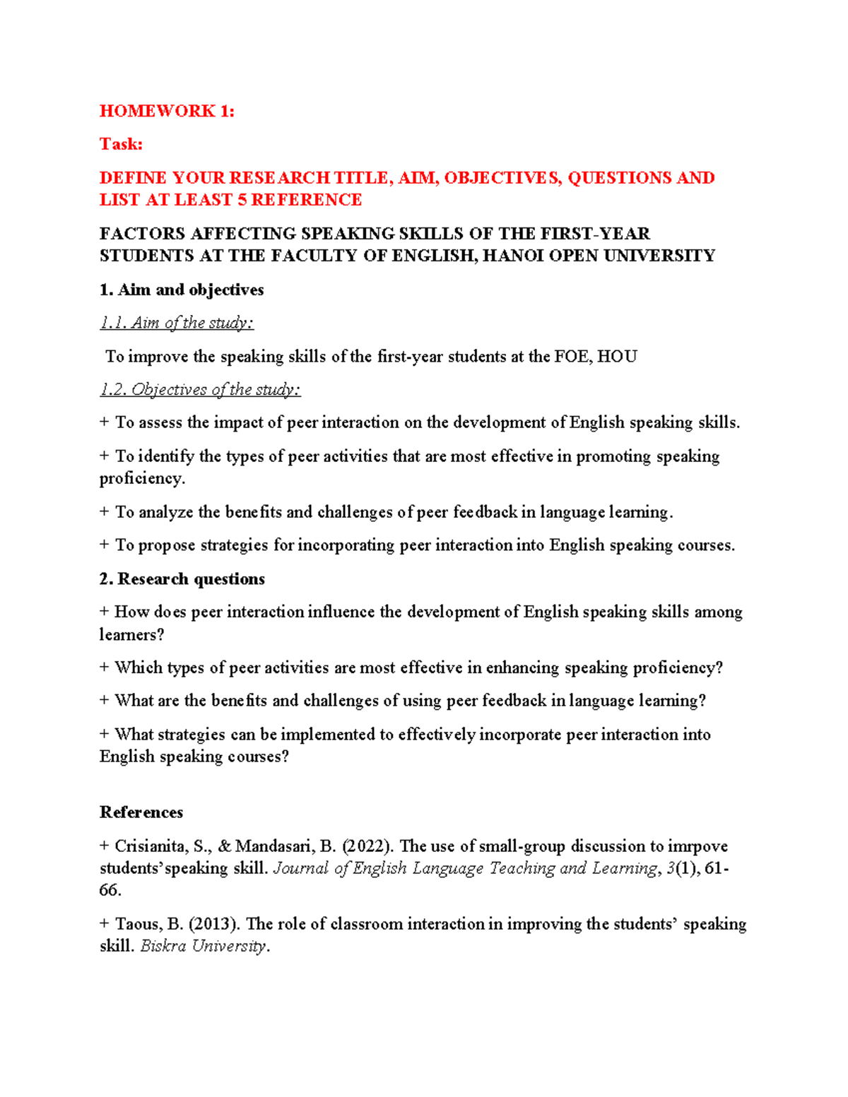 Factors Affecting Speaking Skills of 1st-Year Students at HOU - Studocu