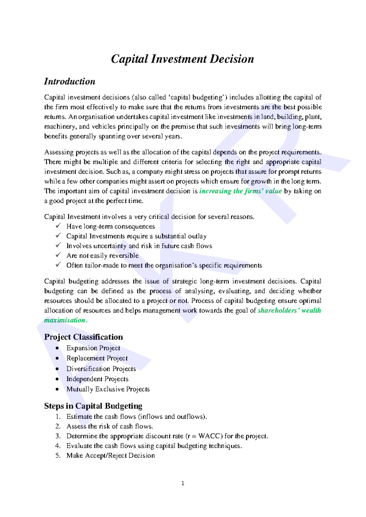FM 301 Post Midterm Notes: Capital Investment Decisions Overview - Studocu