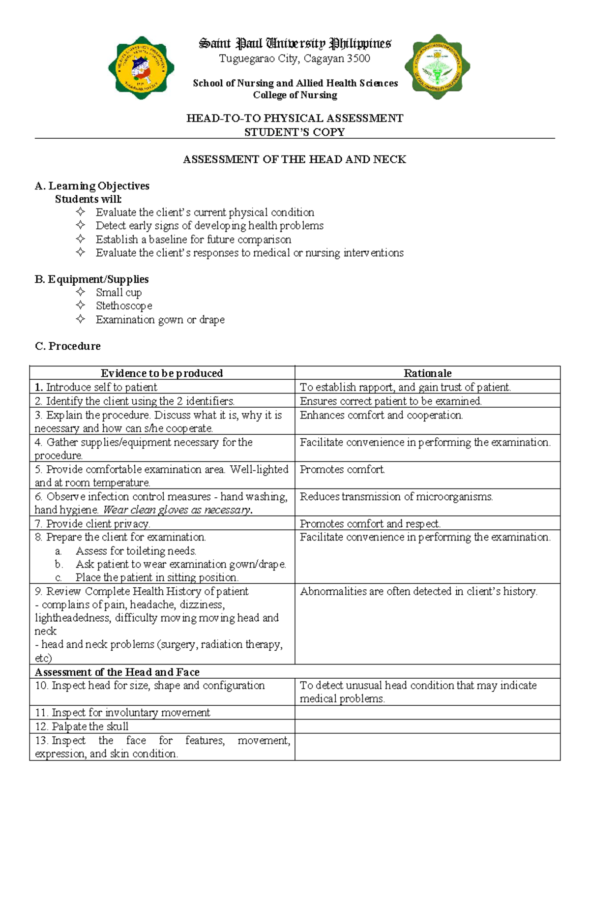 Assessment Guide for Head and Neck (NUR200 - Student Copy) - Studocu