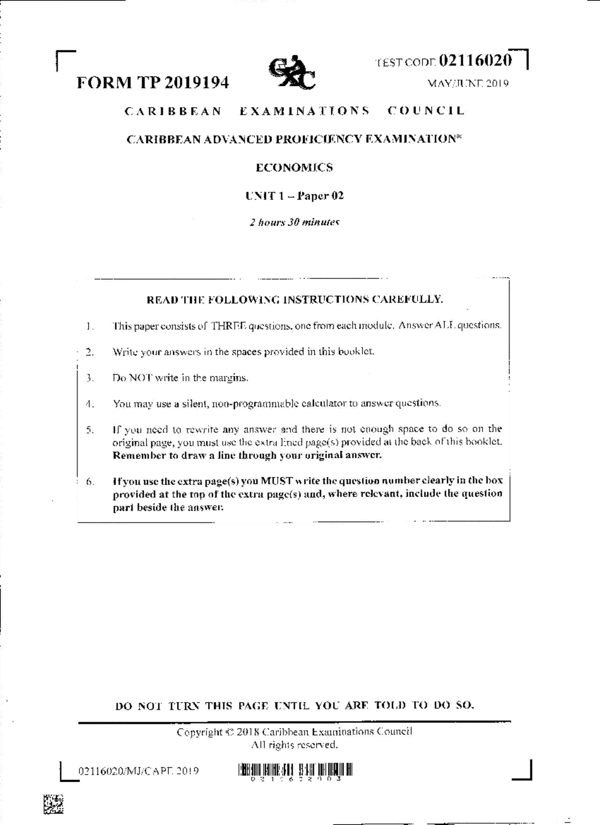 CAPE ECONOMICS UNIT 1 Paper 02 2019 Exam Instructions and Questions ...