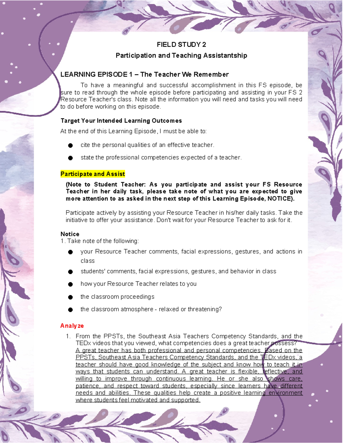 FS-2-1 Field Study: Effective Teaching Qualities & Strategies - Studocu