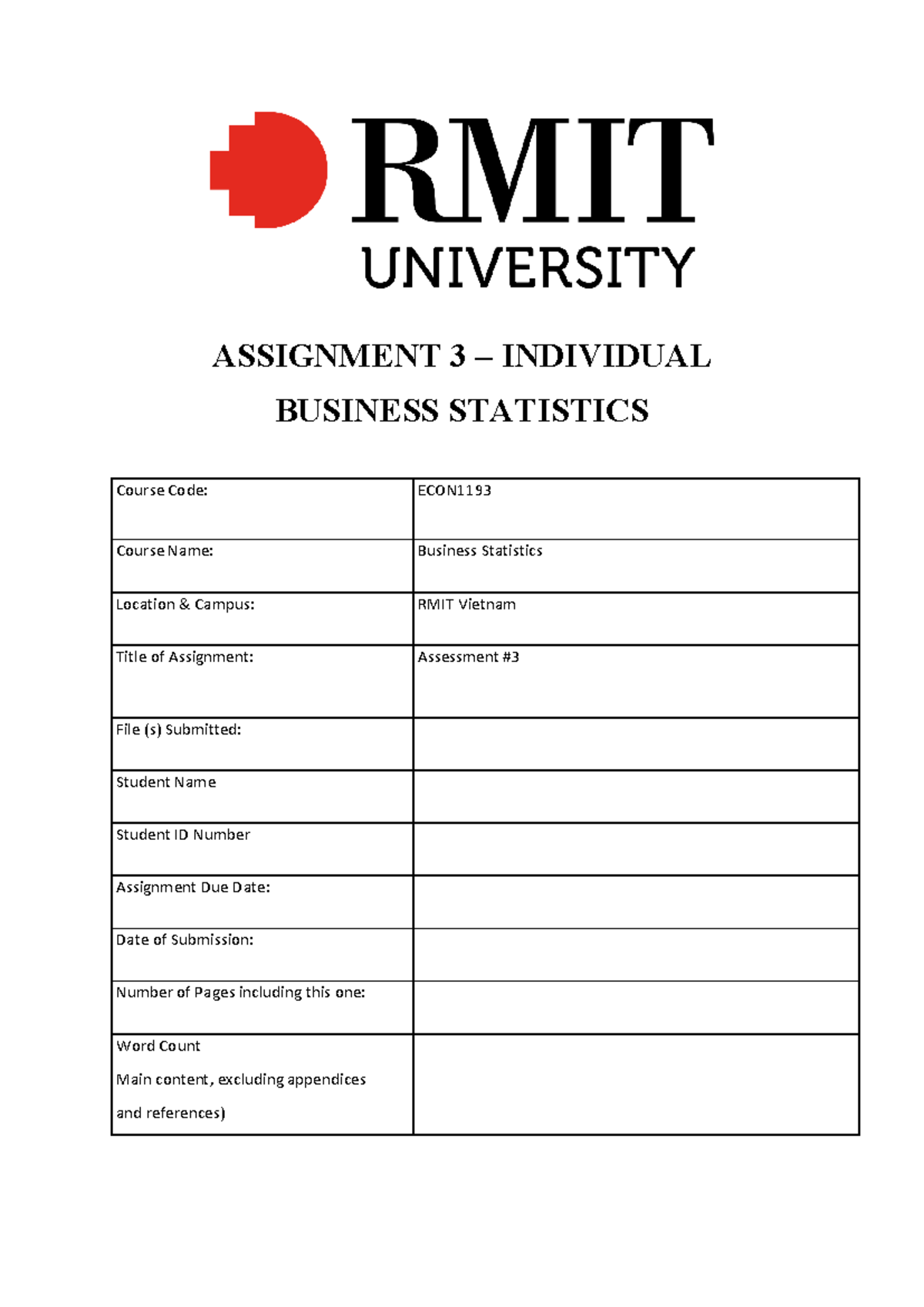 Assignment 3 Sample Report: Business Statistics - ECON1193 RMIT - Studocu