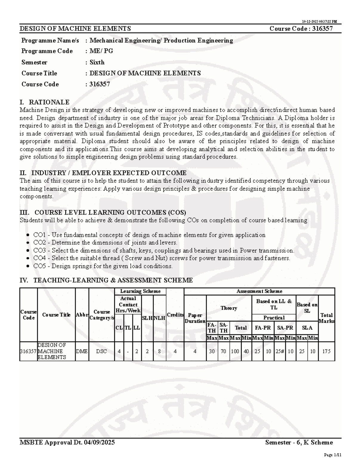 316357 - Design of Machine Elements: Course Overview and Learning ...