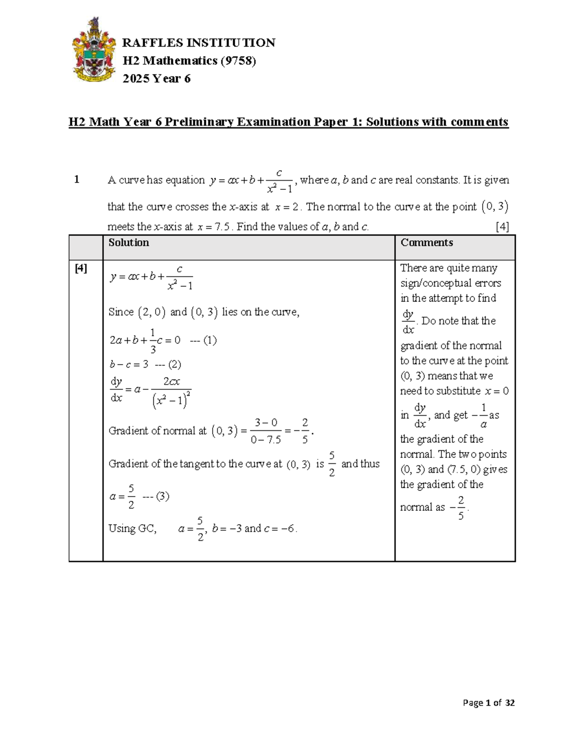 2025 H2 Mathematics (9758) Year 6 Prelim Exam Paper 1: Solutions ...