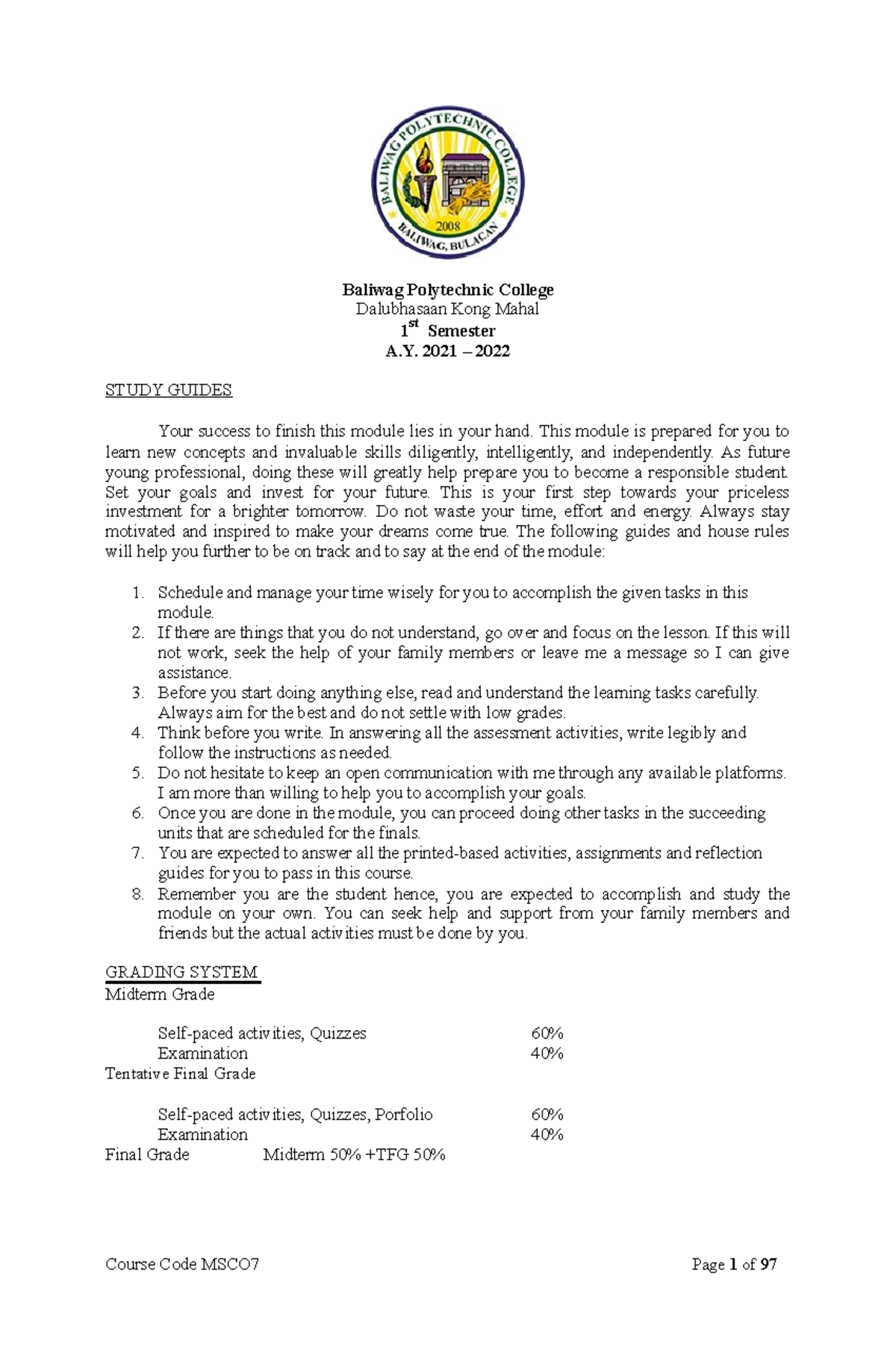 Module-Sample - MODULE SAMPLE - Baliwag Polytechnic College Dalubhasaan ...