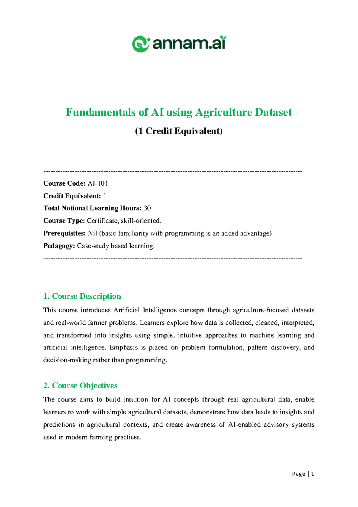 Fundamentals of AI in Agriculture: Syllabus & Learning Outcomes (1 ...