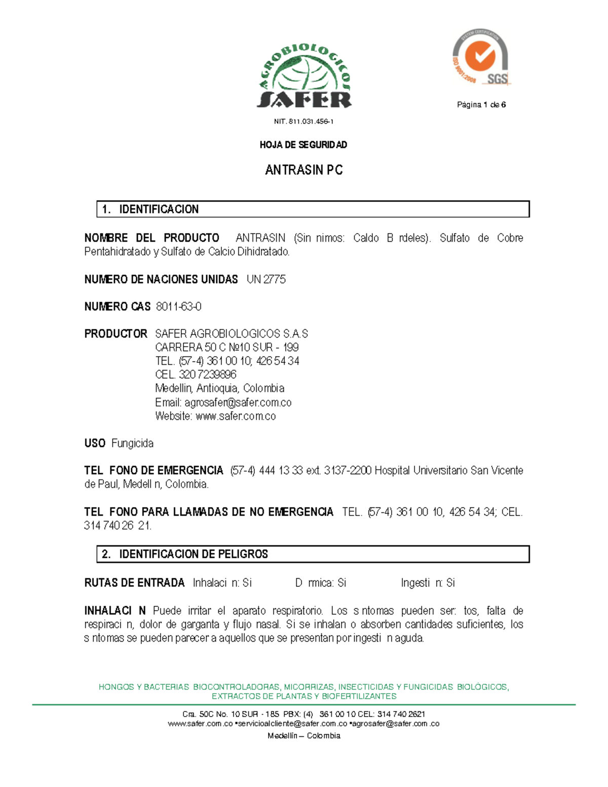 Hoja de Seguridad: Antrasin PC (NIT 44.3) - Fungicida y Precauciones ...