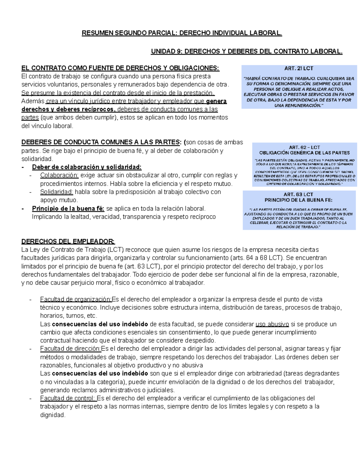 Resumen Segundo Parcial: Derecho Individual Laboral - Unidad 9 y 10 ...