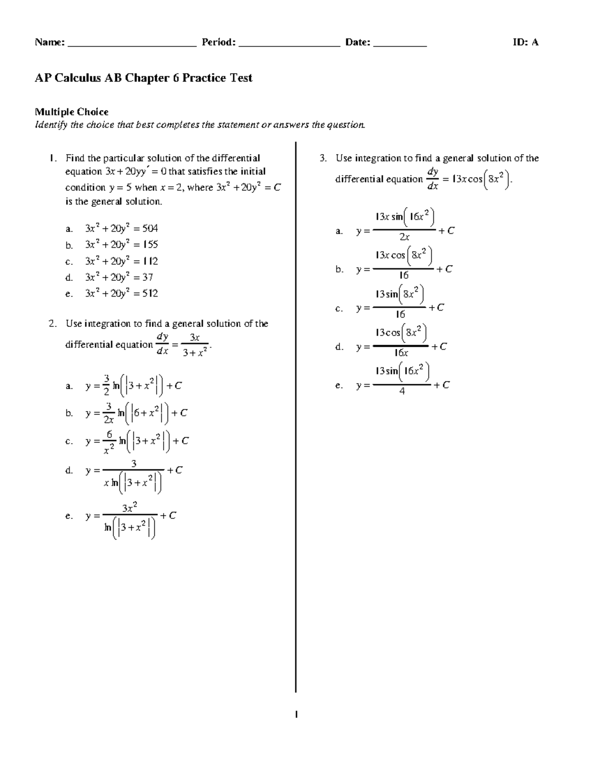 Ap calculus ab chapter 6 practice test - Name ...