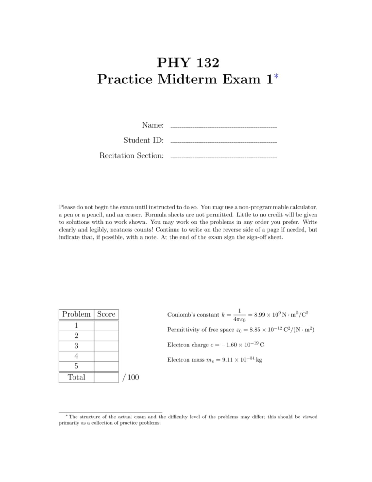 PHY 132 Midterm Exam 1 - Practice Problems and Guidelines - Studocu