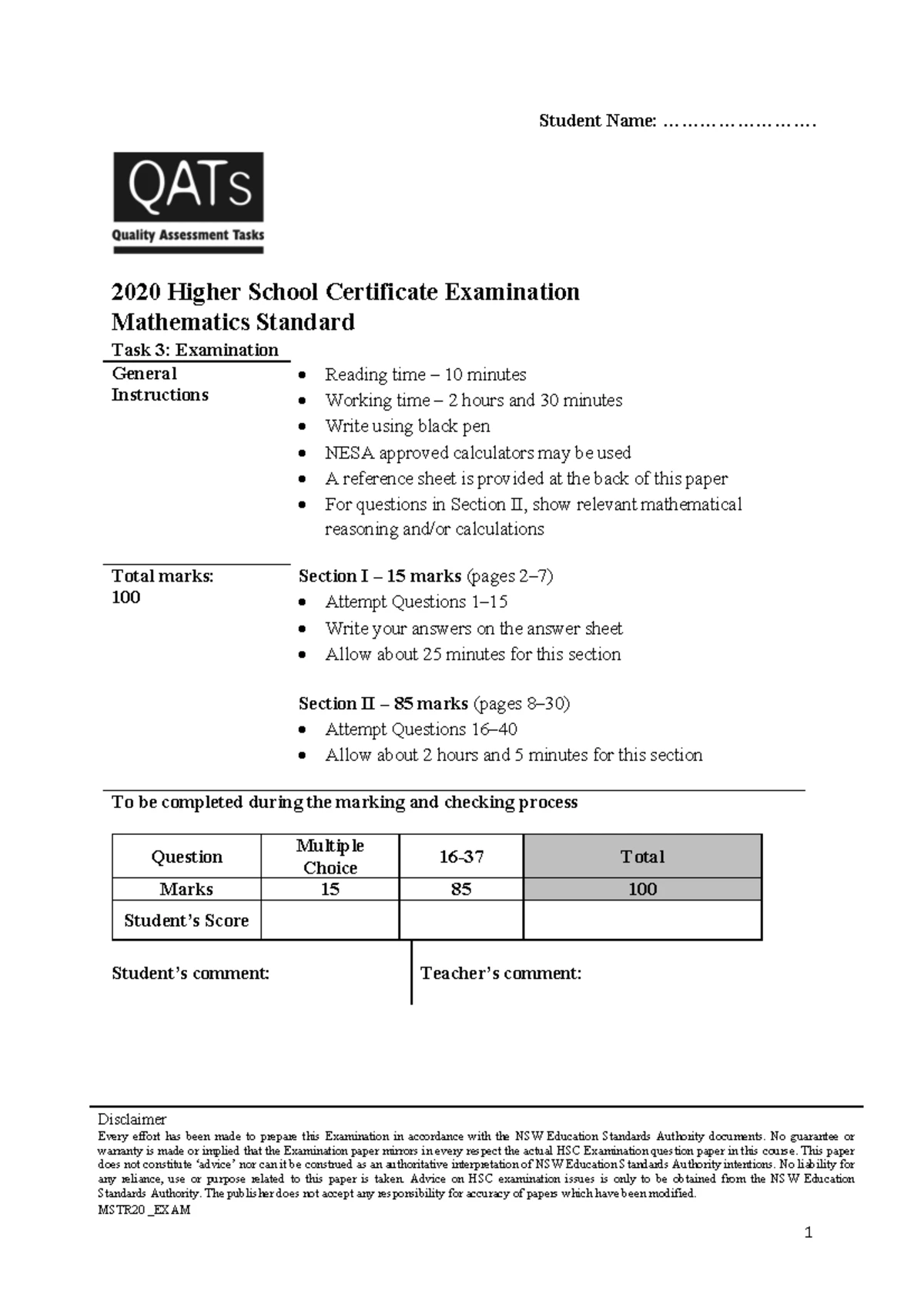 2020 12MS BM - Mathematics Standard 2 Trial Exam Instructions - Studocu
