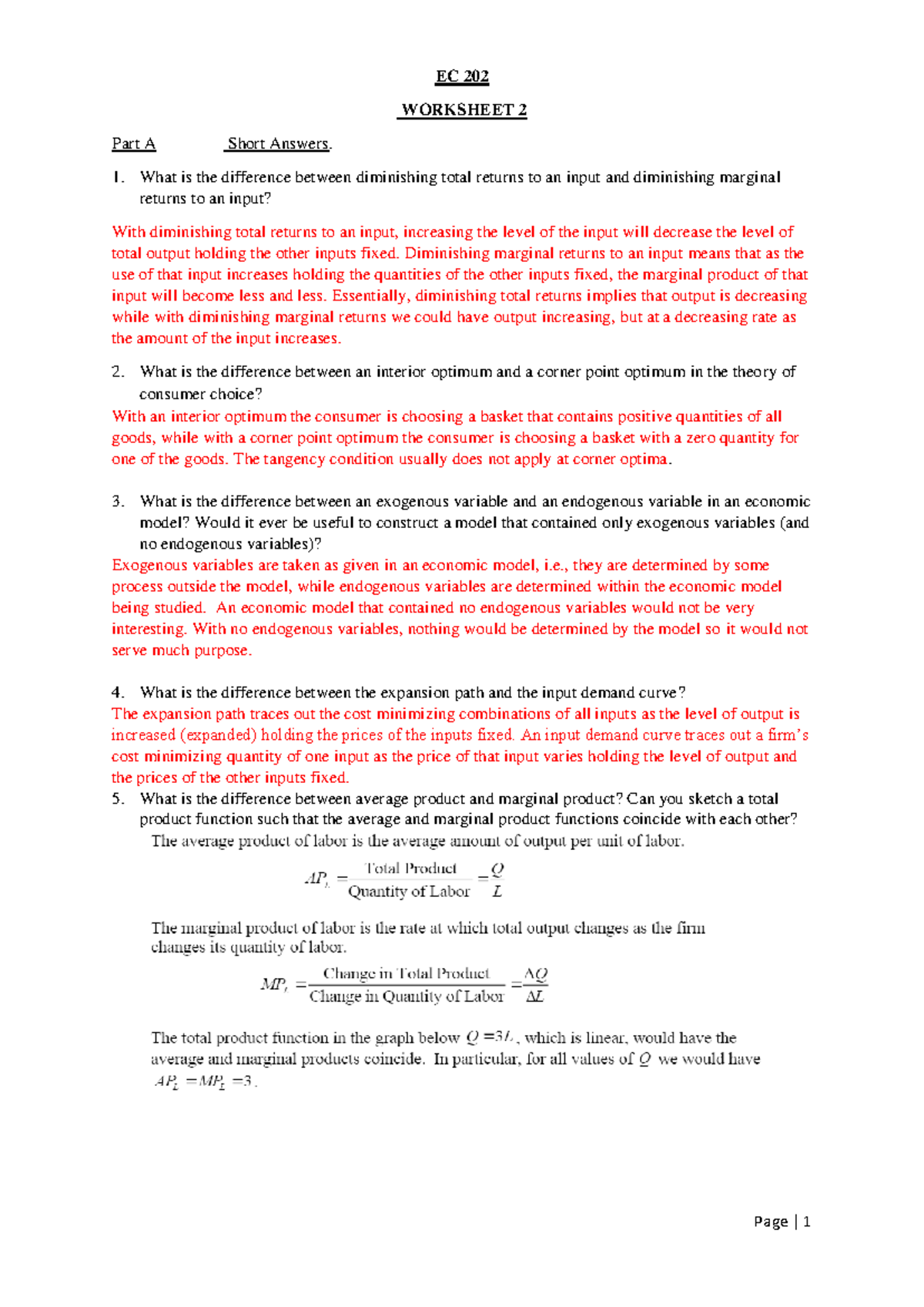 EC 202 Worksheet 2 Solutions: Short Answers & Calculations - Studocu