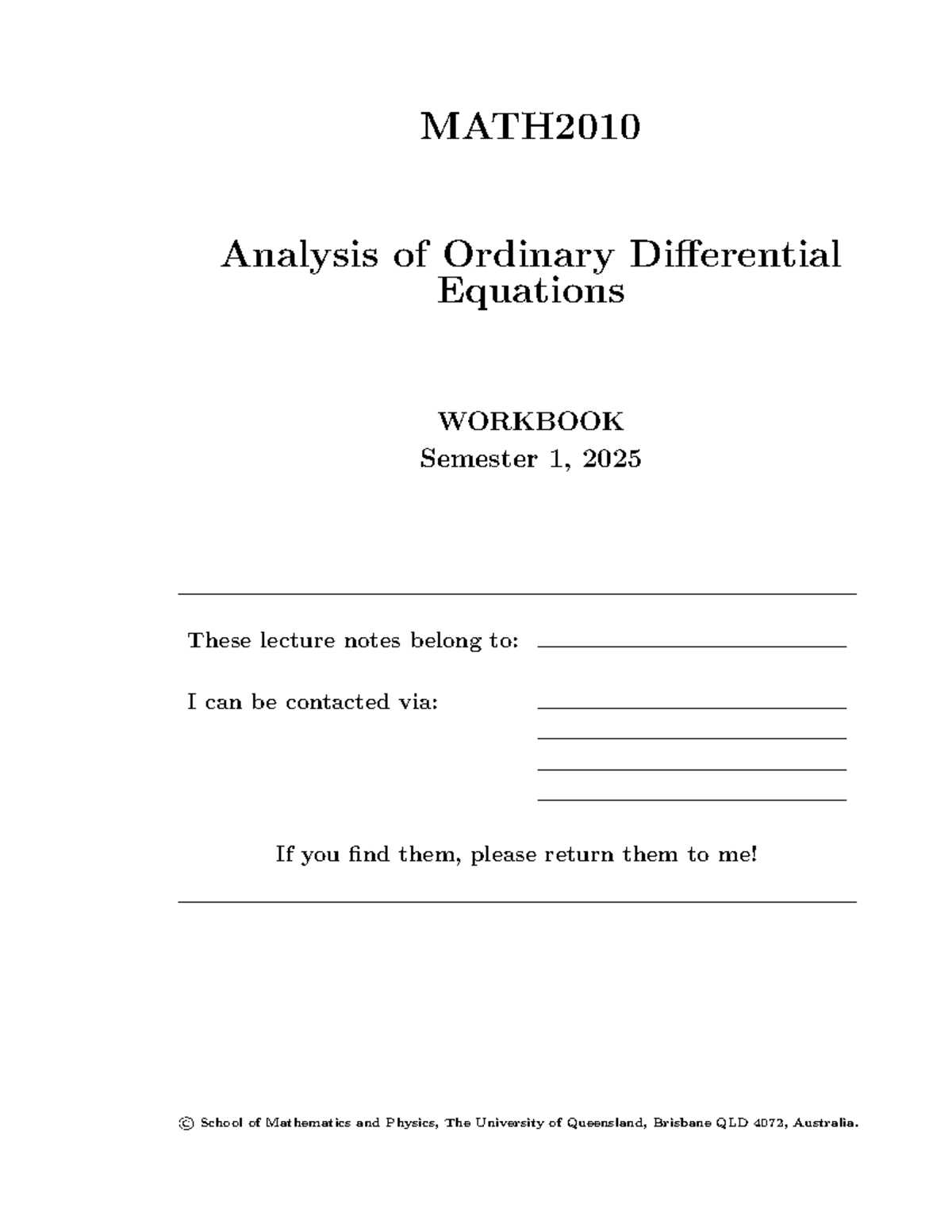 MATH2010 Differential Equations Lecture Notes Workbook Sem 1, 2025 ...
