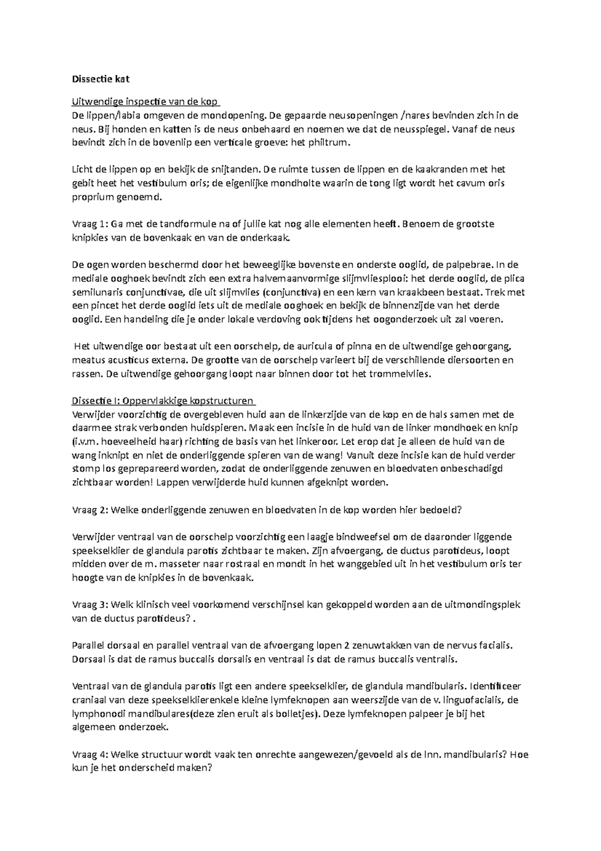 Dissectie Kat: Anatomische Structuren van de Hoofd en Hals - Studeersnel