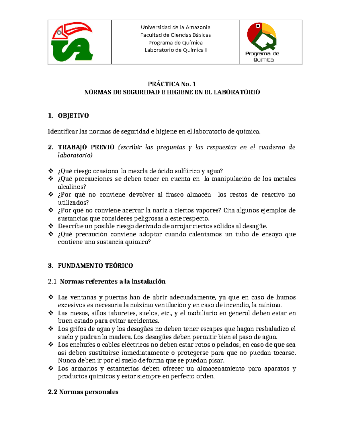 Guía 1: Normas de Seguridad e Higiene en Laboratorio Química I - Studocu