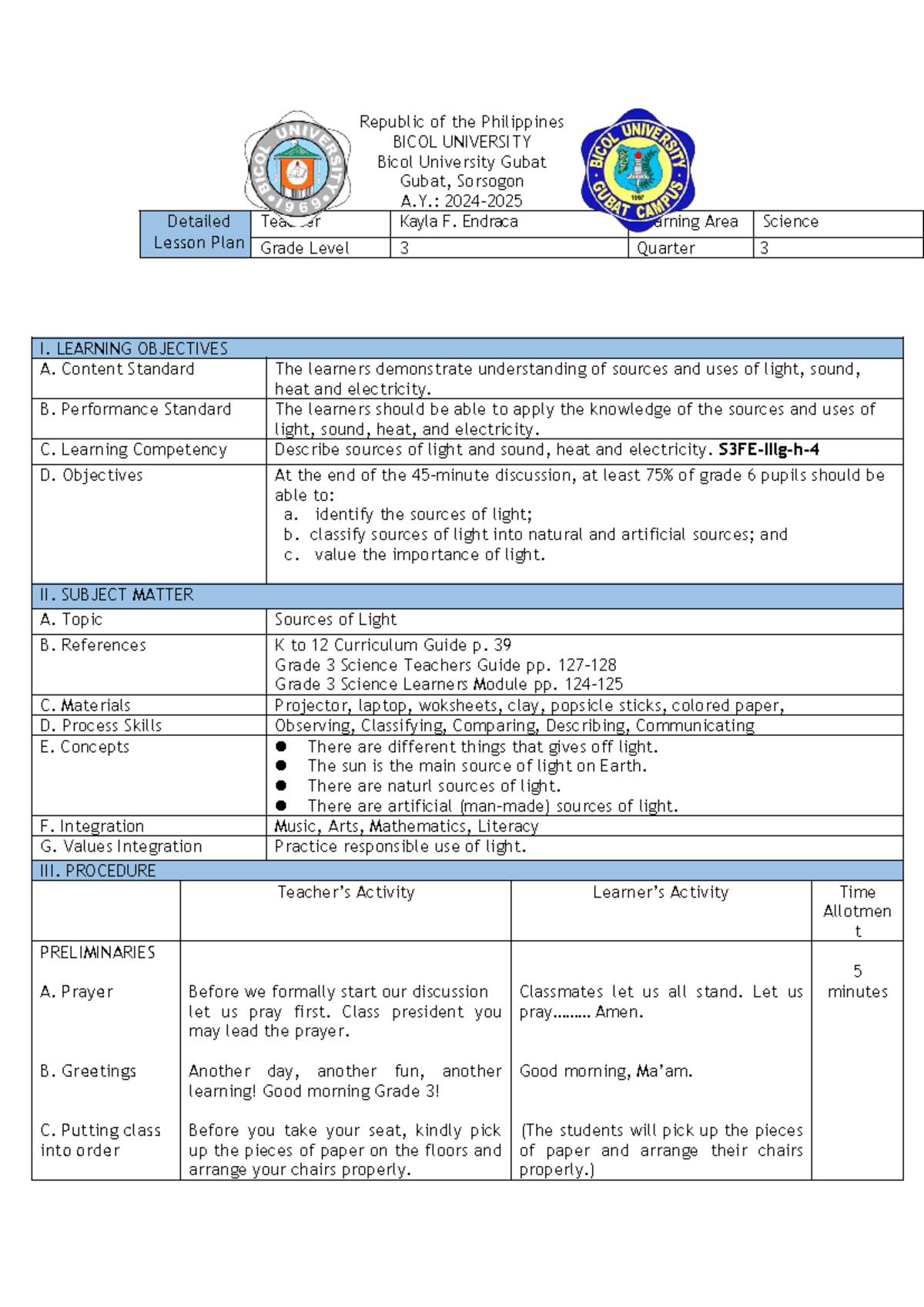 DLP Science 3: Detailed Lesson Plan on Light Sources and Uses - Studocu