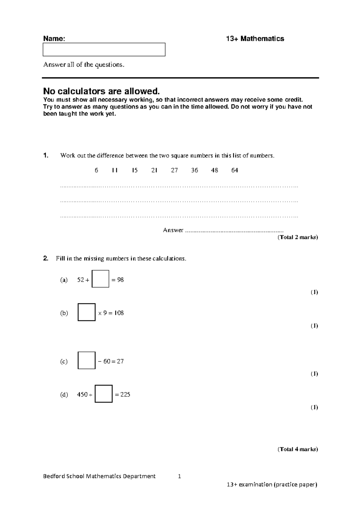 13 Plus Mathematics Practice Paper 1 - Bedford School Exam - Studocu