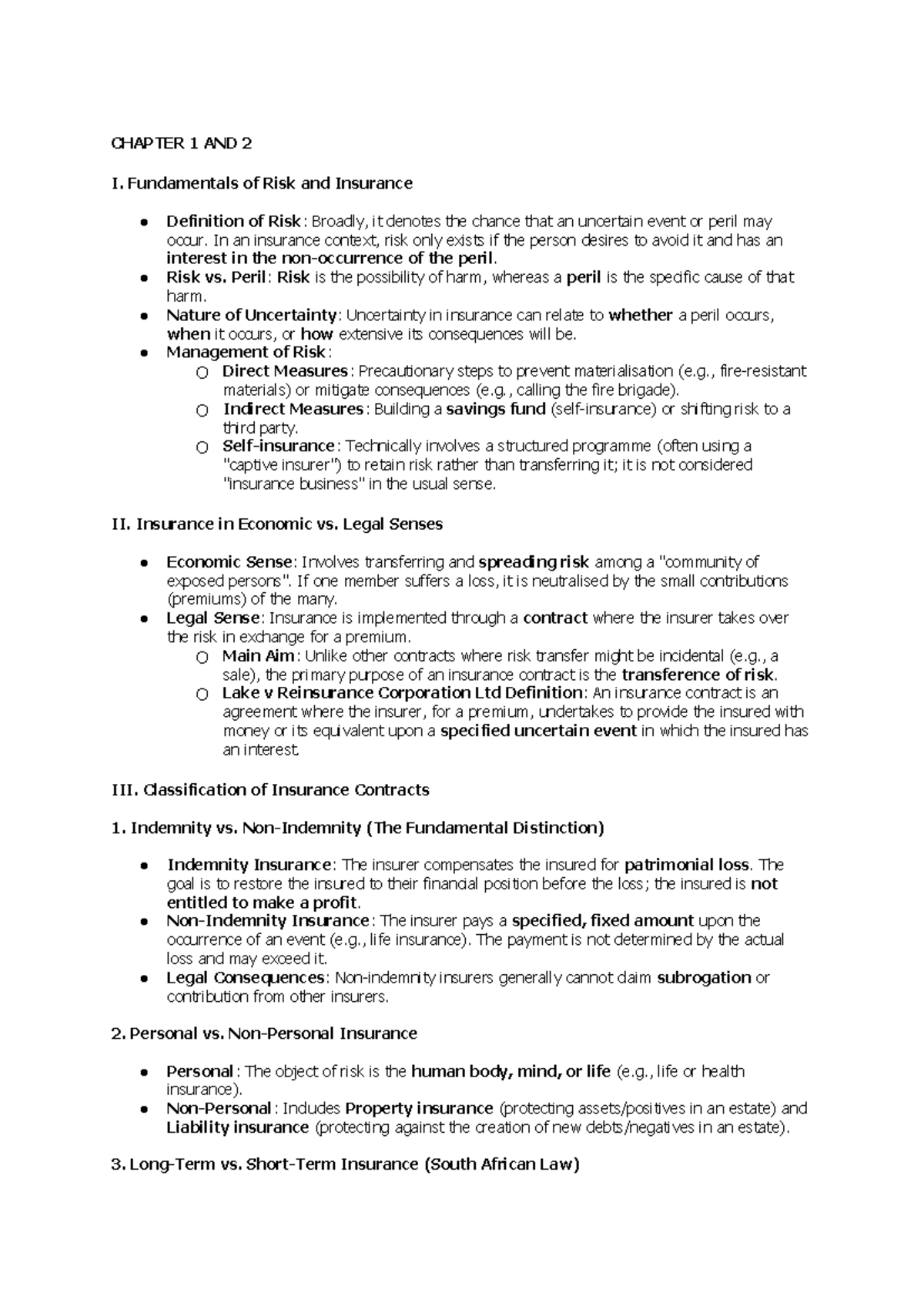 CHAPTER 1 & 2 NOTES: Fundamentals of Risk and Insurance Concepts - Studocu