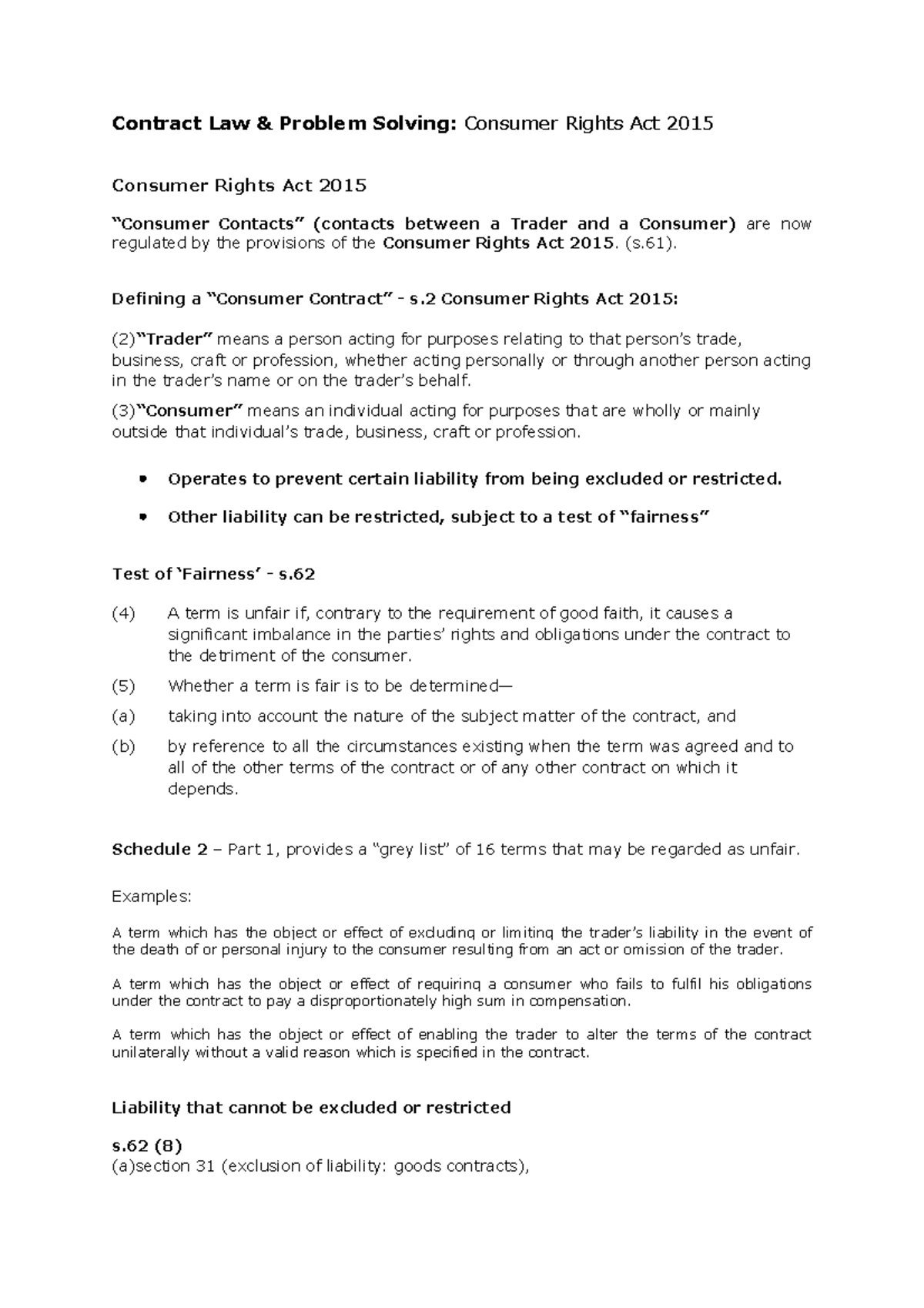 Consumer Rights Act 2015: Key Provisions and Fairness Tests in ...