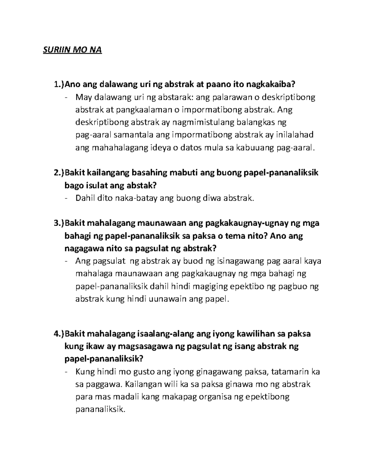 Mga Uri at Kahalagahan ng Pagsulat ng Abstrak: Isang Pagsusuri - Studocu
