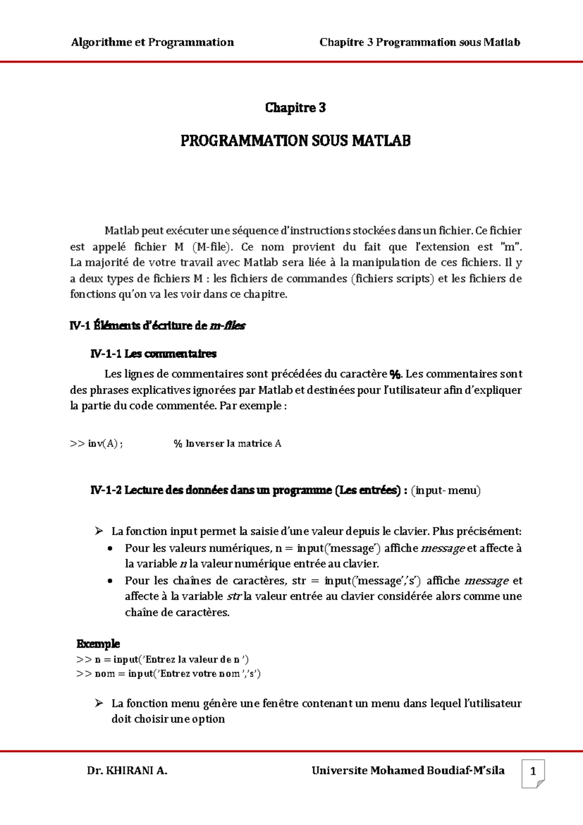 Chapitre 1 : Introduction aux Commandes et Opérations de Matlab - Studocu