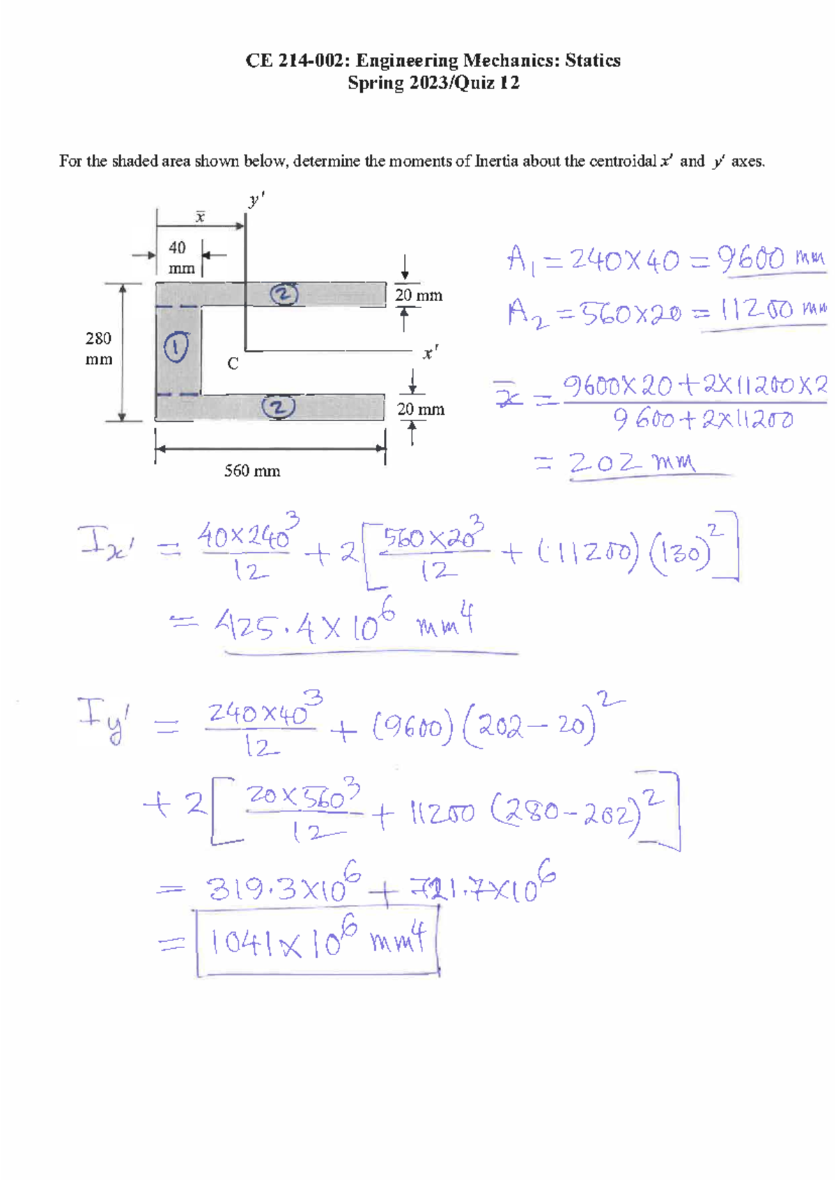 Quiz 12 Solution - Quiz 12 - CE 214-002: Engineering Mechanics: Statics ...