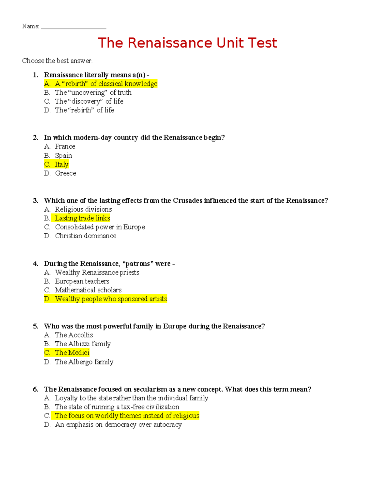 Renaissance Unit Test - Key Concepts and Important Figures - Studocu