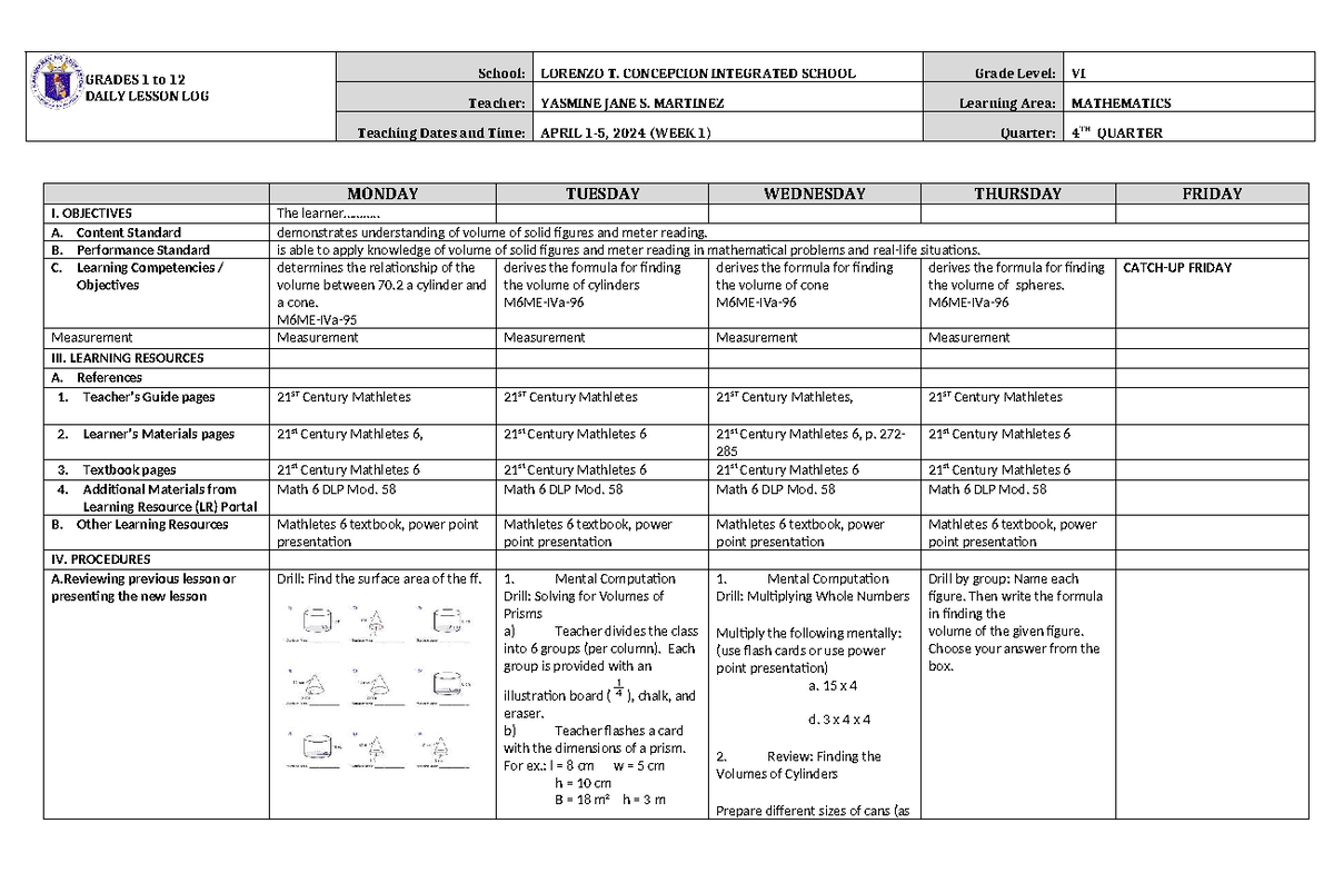 DLL Mathematics 6 Q4 W1: Daily Lesson Log on Volume Concepts - Studocu
