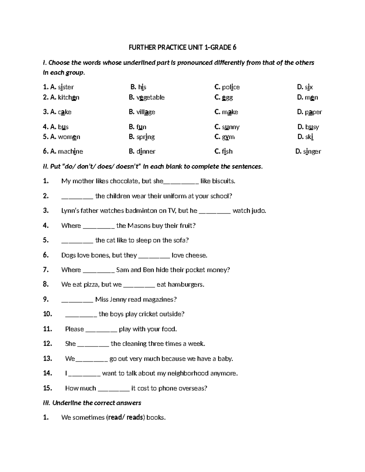Further Practice Unit 1: Pronunciation and Sentence Structure Exercises ...