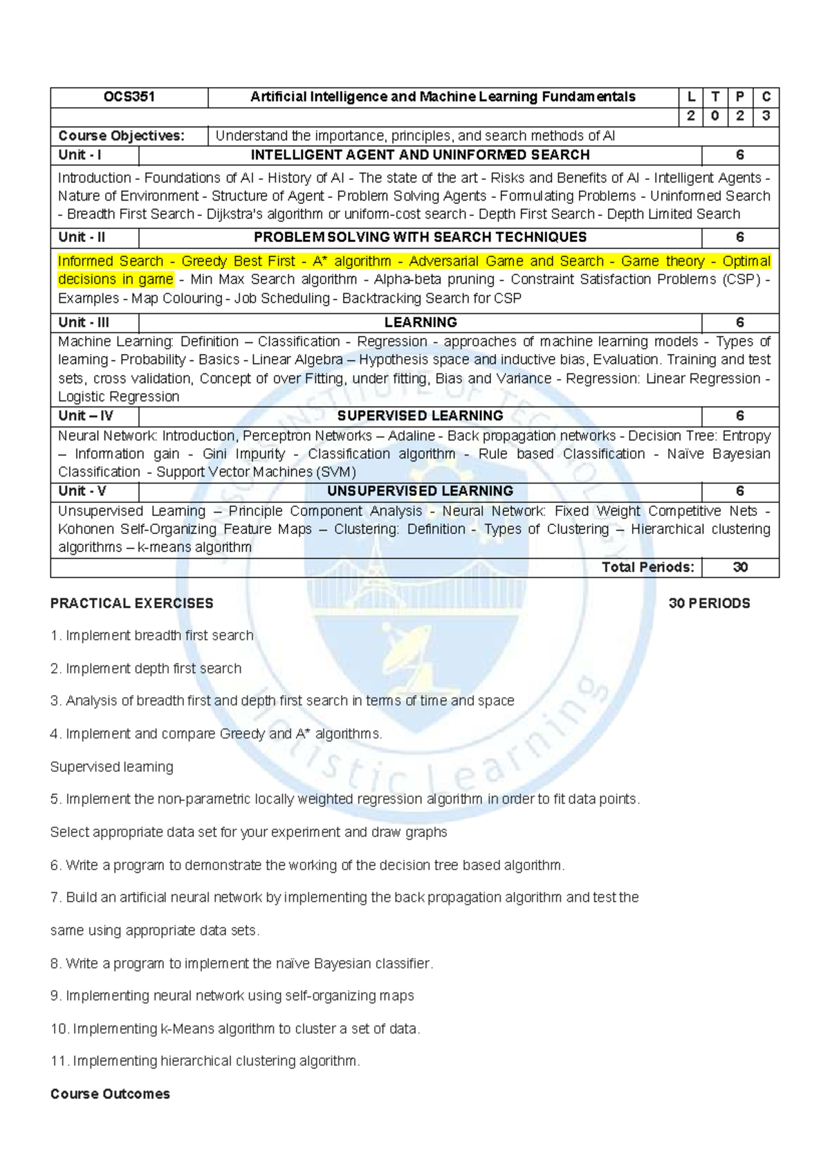 OCS351 AIML Syllabus: AI & Machine Learning Fundamentals - Studocu