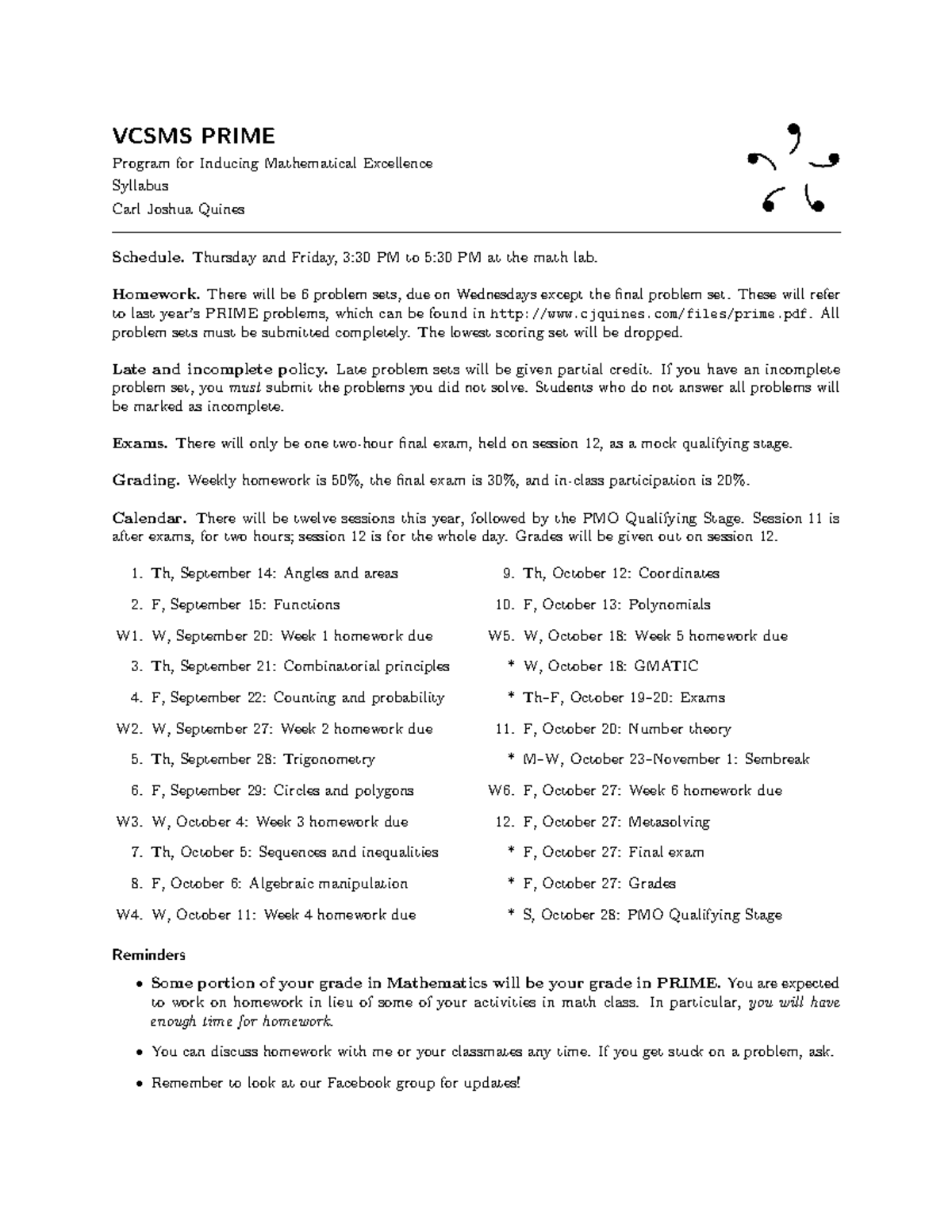 VCSMS 2023 PRIME Program Syllabus & Schedule for Math Excellence - Studocu