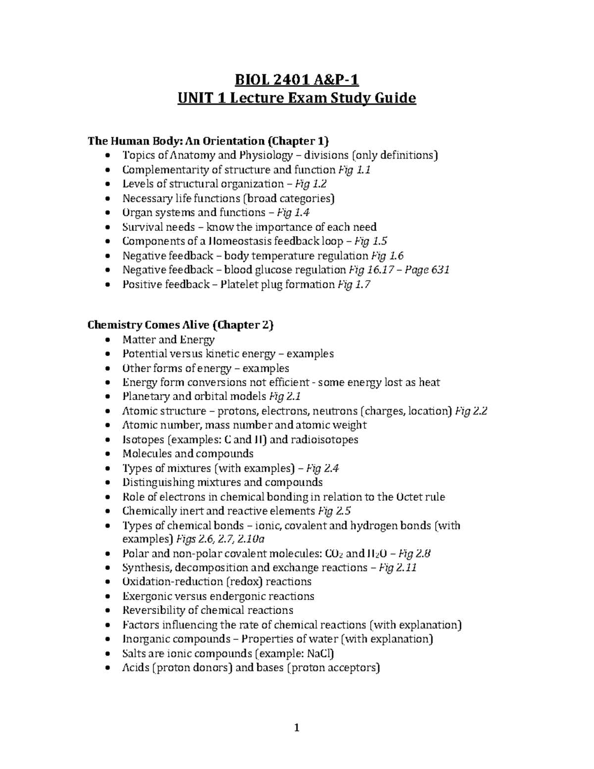 BIOL 2401 A&P-1 Unit 1 Lecture Exam Study Guide - Studocu