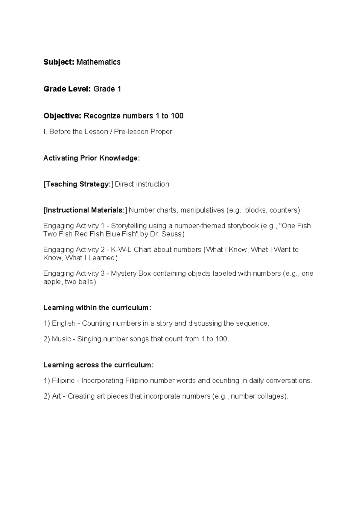 Lesson plan - 2nd year - Subject: Mathematics Grade Level: Grade 1 ...