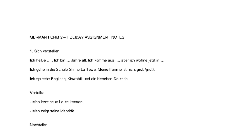 German Form 2 Holiday Assignment Notes: Daily Life & Activities - Studocu