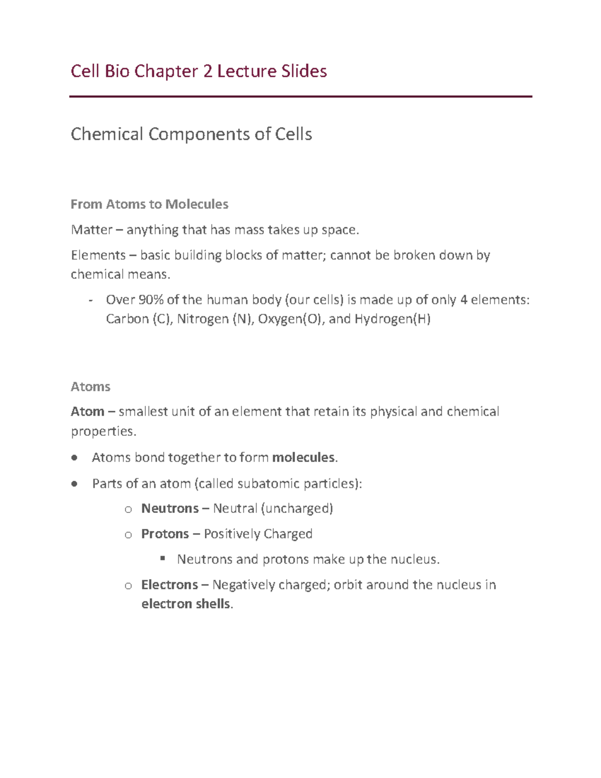 Cell Bio Lecture Chap 2 - Key Notes on Chemical Components of Cells ...