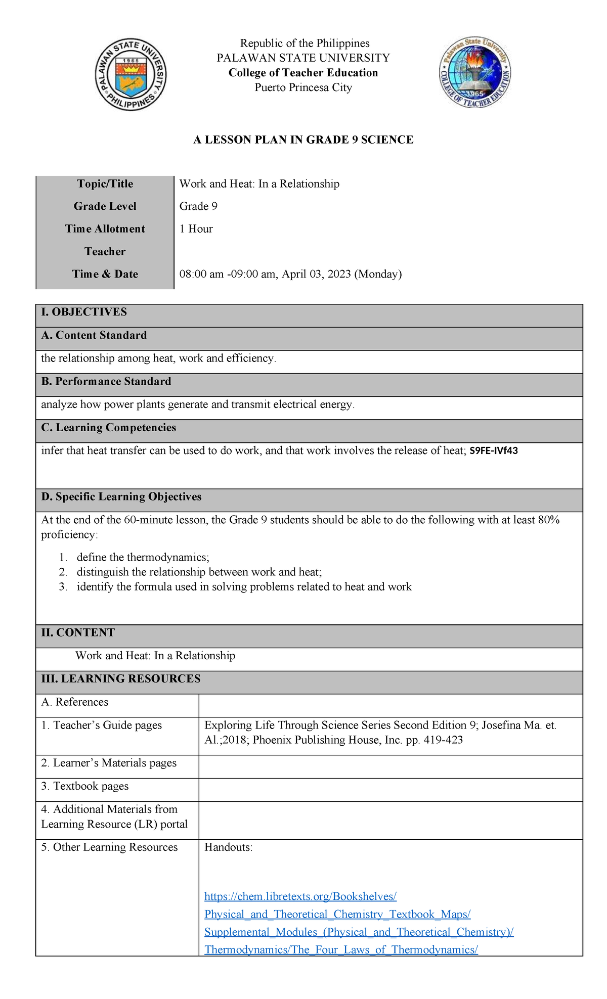 Grade 9 Science Lesson Plan: Work and Heat Relationship (CTE 2023 ...