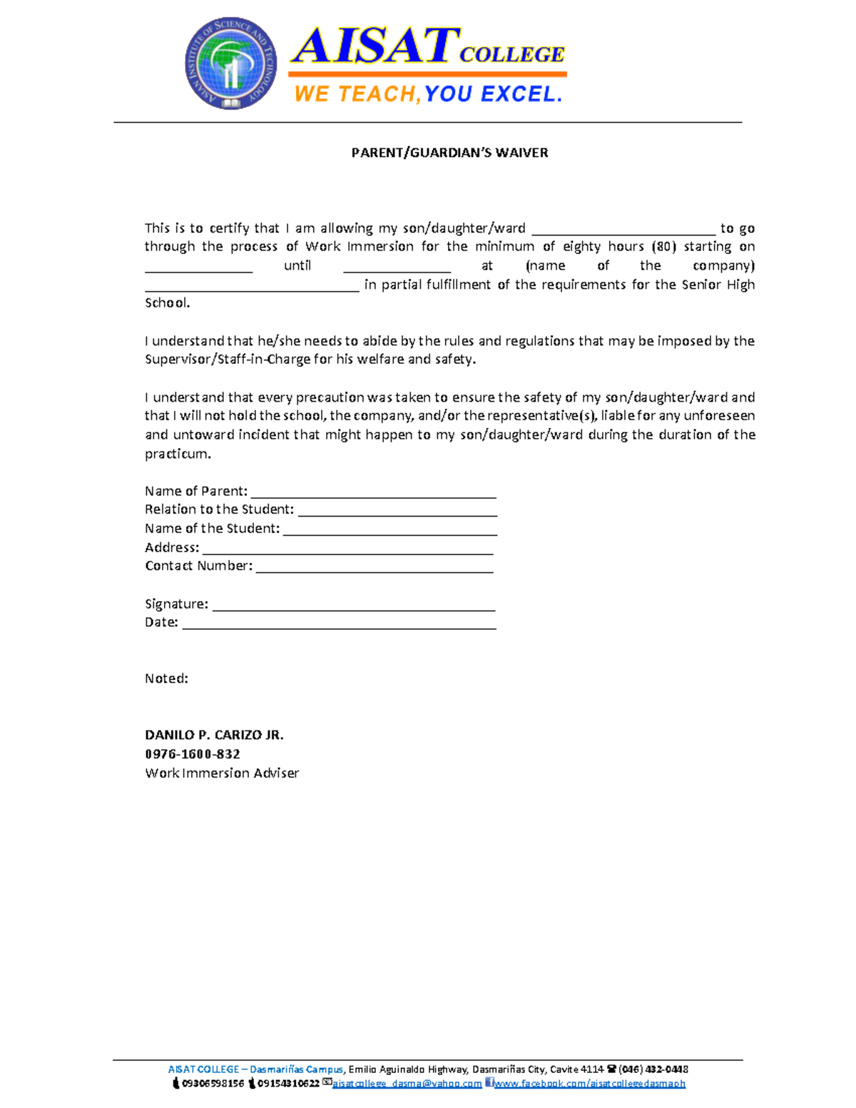 Guardians' Waiver for Work Immersion - Senior High School Requirements ...