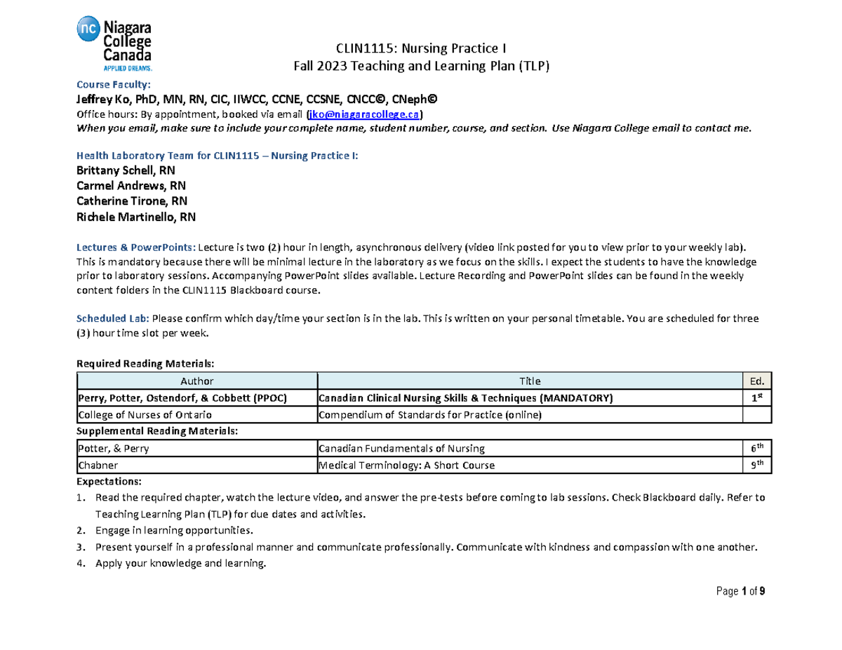 CLIN1115 TLP - Nursing Practice I Teaching & Learning Plan - F23 - Studocu