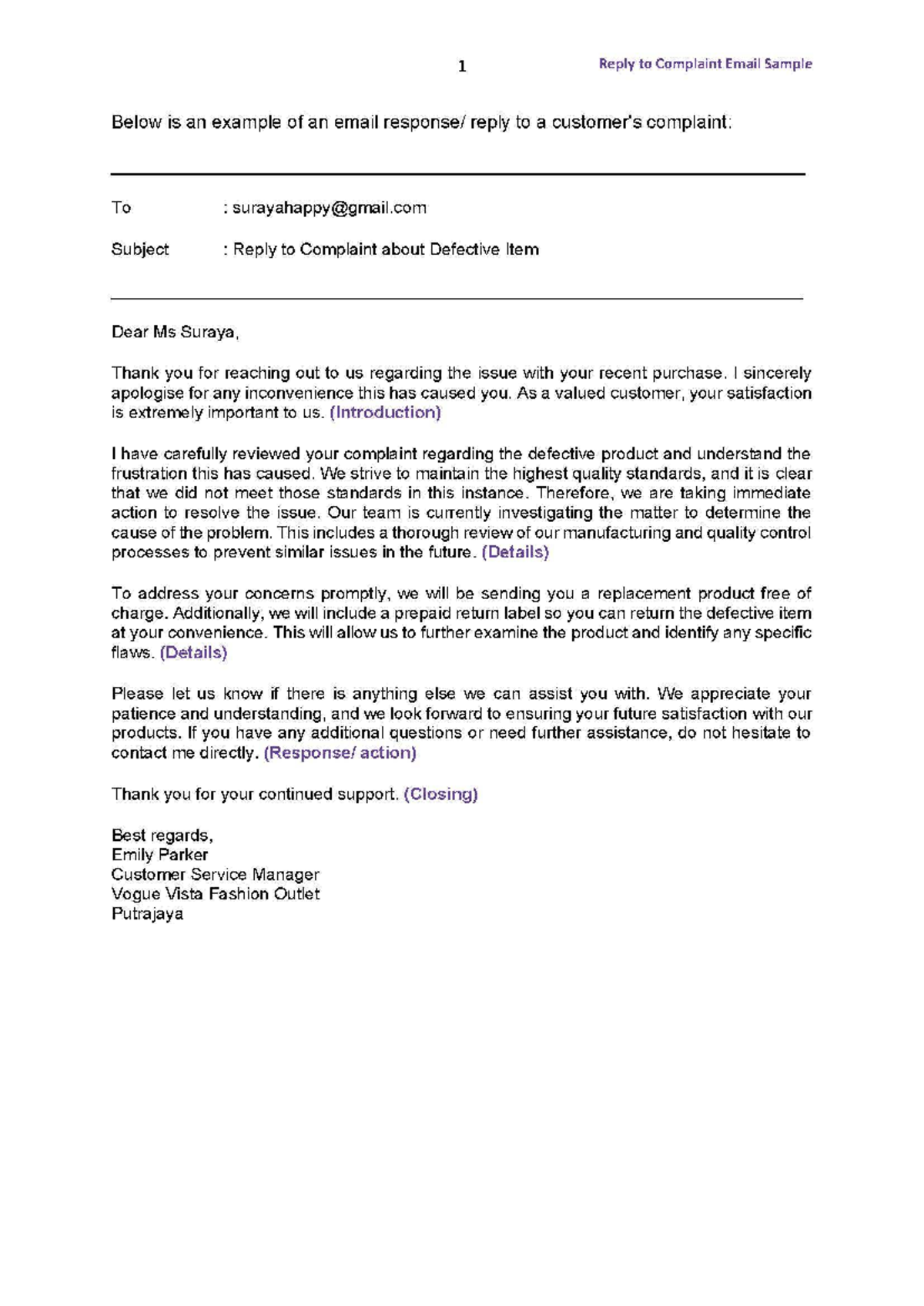 LCC503 Sample Reply to Customer Complaint Email - Studocu