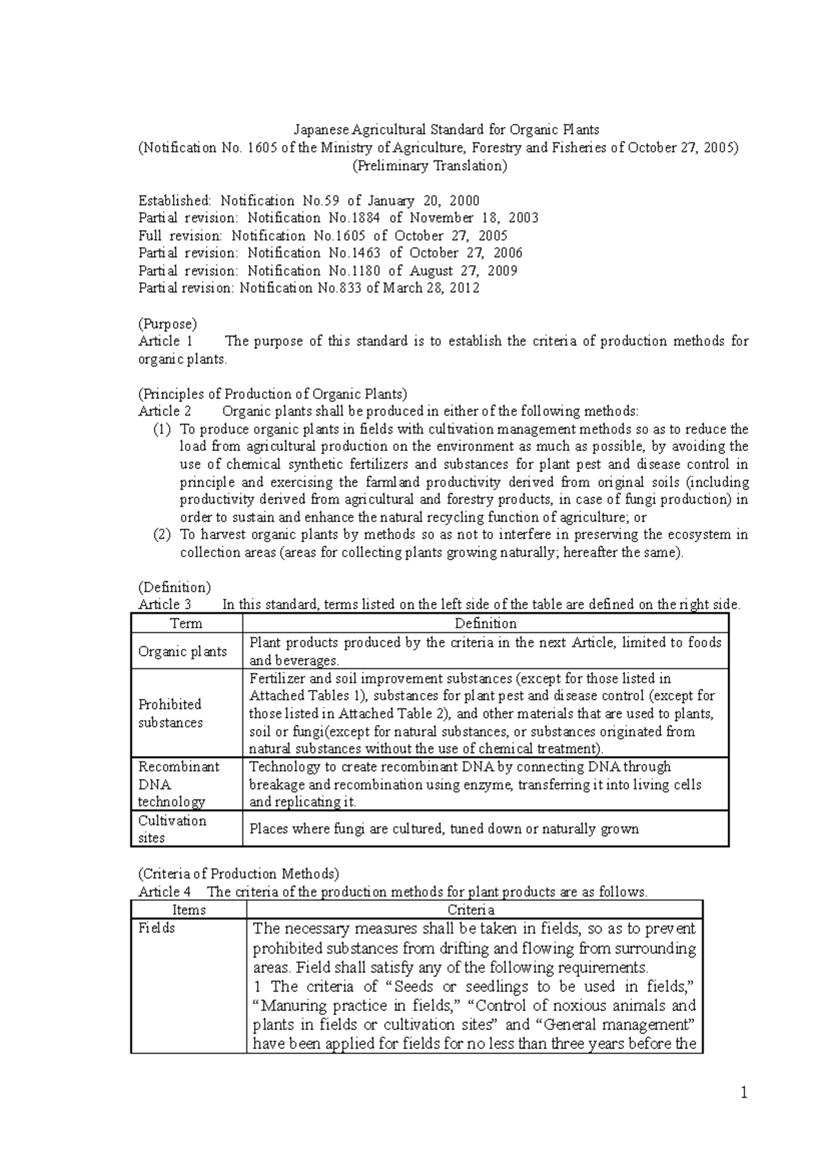 Jas standard for organic plants - Japanese Agricultural Standard for ...