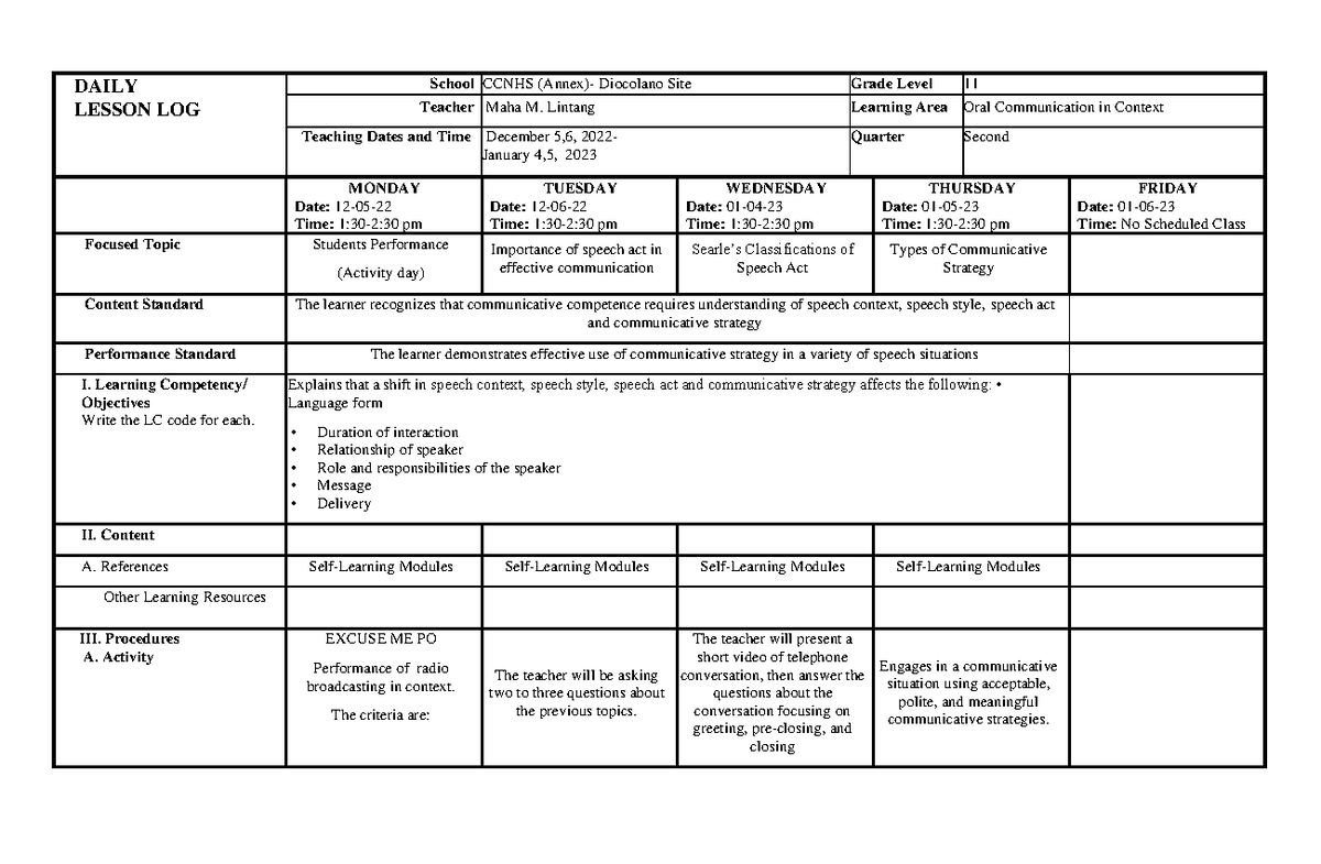 Oral Communication 11: Daily Lesson Log and Strategies (DLL) - Studocu
