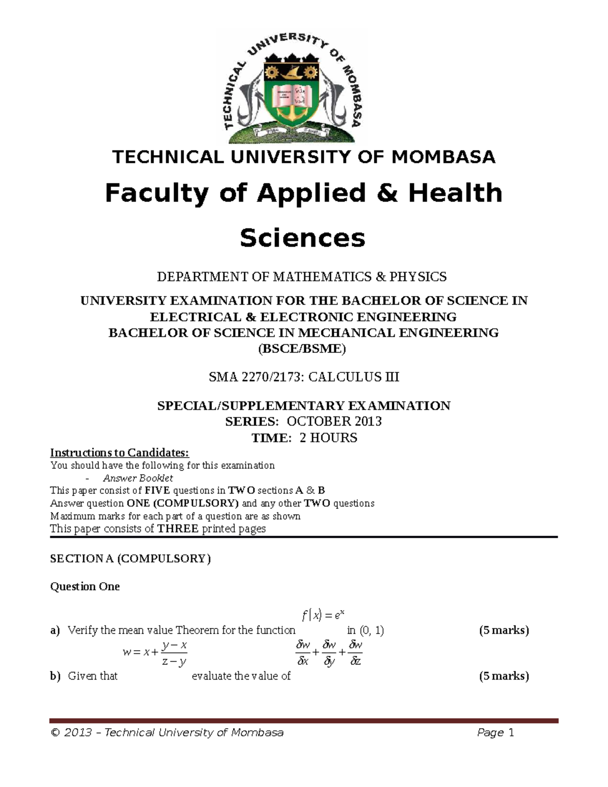 Calculus III SMA 2270 University Exam Paper - October 2013 - Studocu