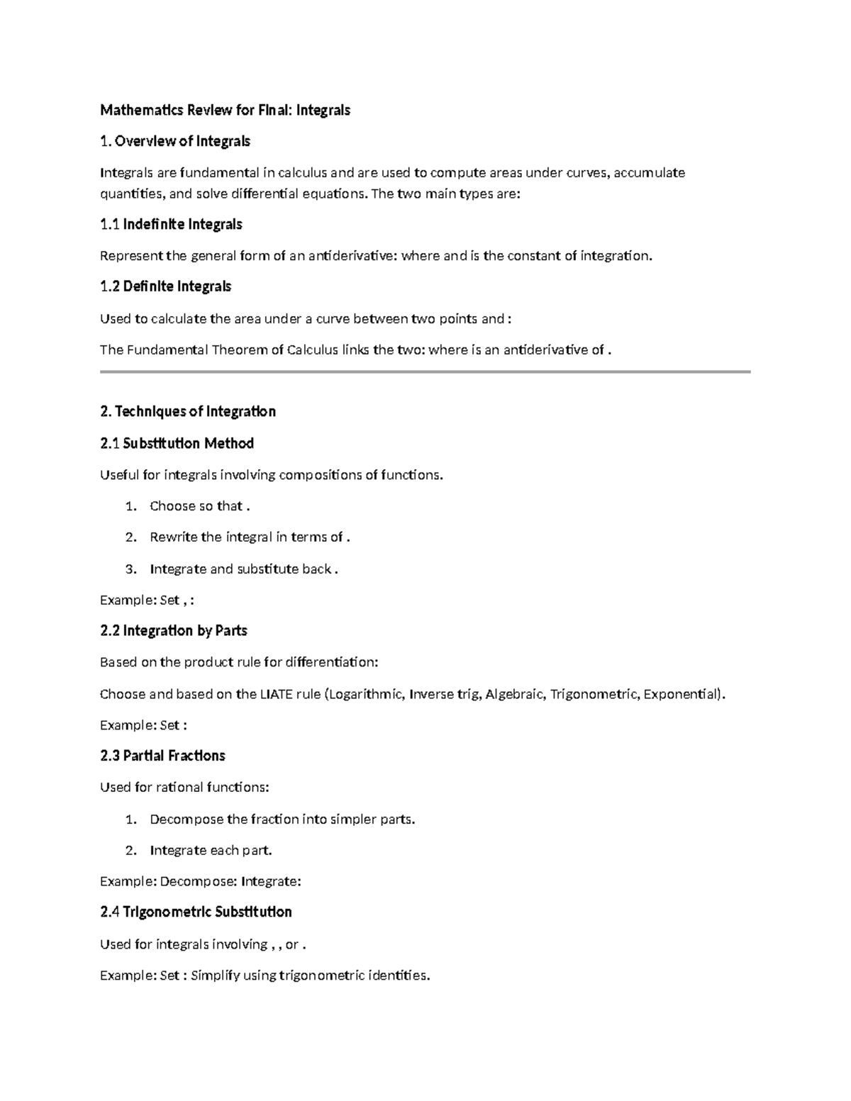 Integrals - Mathematics Review for Final: Integrals Overview of ...