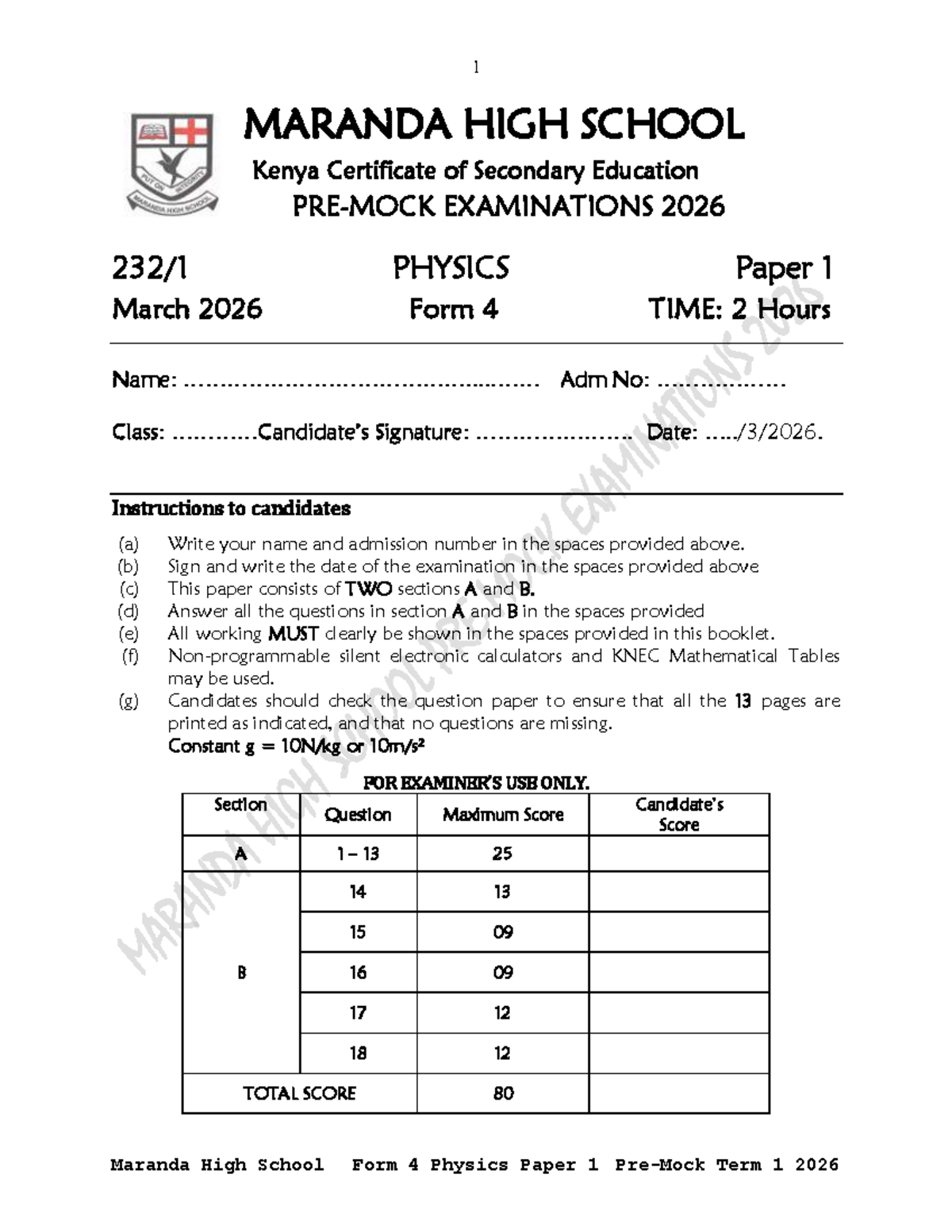 Maranda High School Form 4 Physics Pre-Mock Exam Paper 1 March 2026 ...