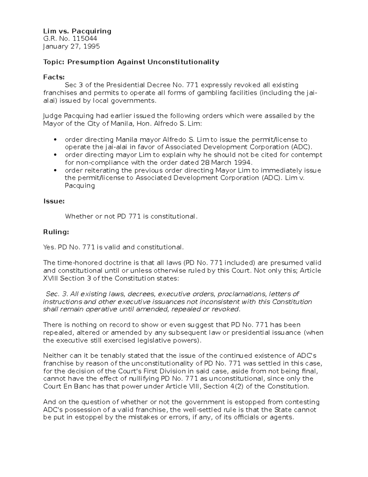 Lim vs Pacquiring - Summary Law School - Lim vs. Pacquiring G. No ...