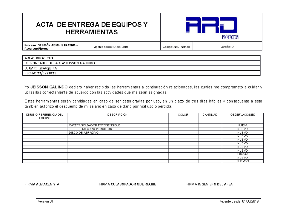 ACTA DE ENTREGA DE EQUIPOS Y HERRAMIENTAS - ARD-AEH-01 - Studocu