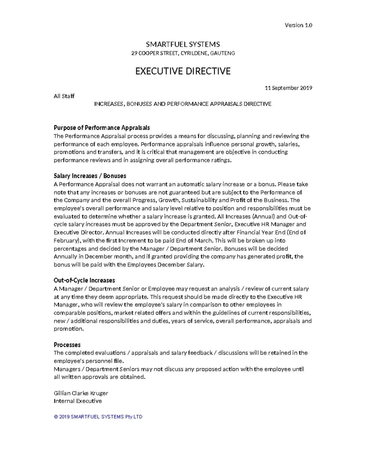 Executive Directive: Increases, Bonuses & Performance Appraisals Ver1.0 ...