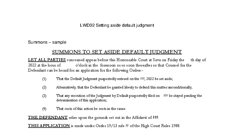 Common Errors - Setting Aside - LWD02 Setting aside default judgment ...